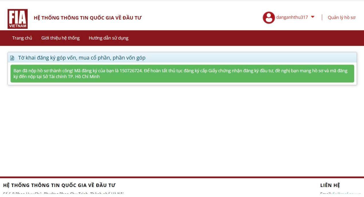 Hình 2 — Mã số hồ sơ hệ thống cấp sau khi đăng ký
